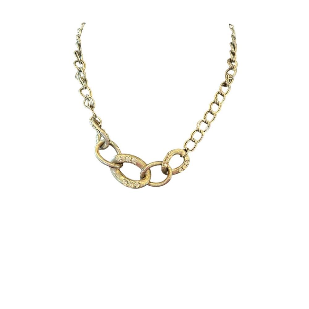 Chunky Silver Tone Chain Link Statement Necklace Crystal Rhinestone Bib [18"]
